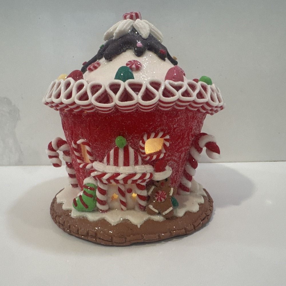 Illuminated Gingerbread Cupcake House Christmas Holiday Decor 6in